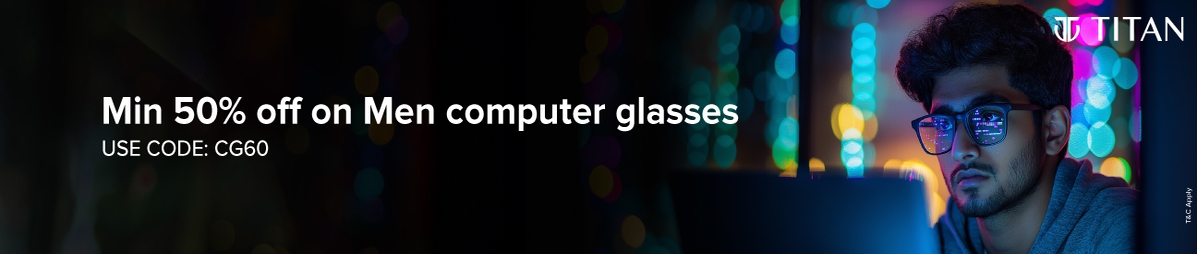Men wearing Titan computer glasses sitting at laptop with text "Computer Glasses for Men Starting at ₹1049."