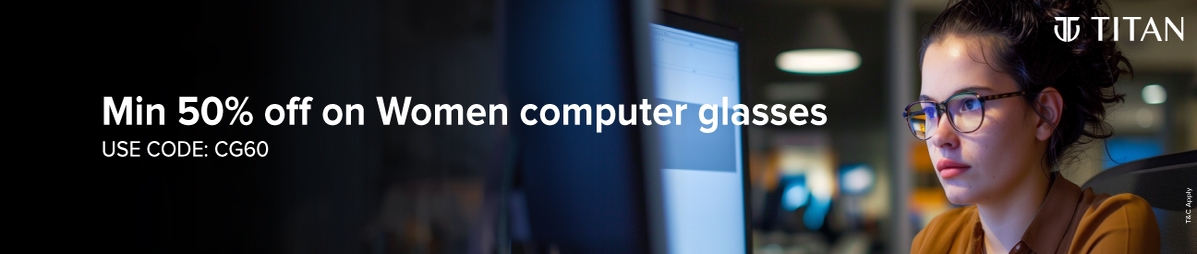 Women wearing Titan computer glasses sitting at laptop with text "Computer Glasses for Women Starting at ₹1049."