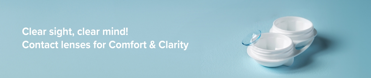 The banner features contact lenses with the text: Clear Sight, Clear Mind! Contact Lenses for Comfort & Clarity.