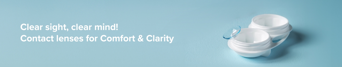 The banner features contact lenses with the text: Clear Sight, Clear Mind! Contact Lenses for Comfort & Clarity.