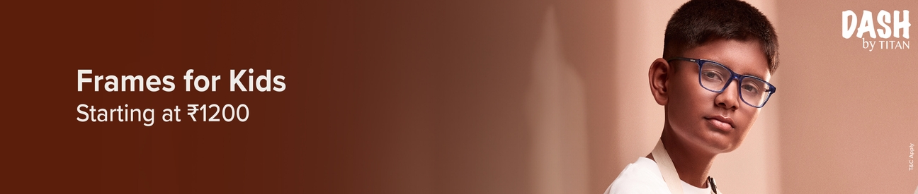 Kids wearing Dash by Titan eyeglasses looking forward, text: "Frames for Kids Starting at ₹1200"