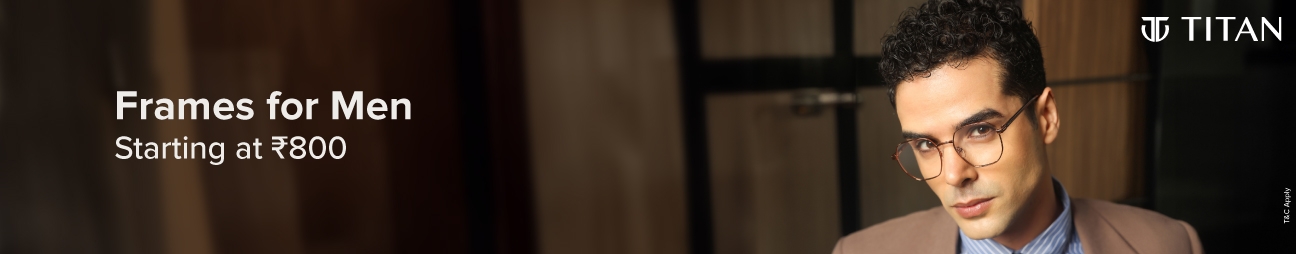 Men wearing Titan eyeglasses looking forward, text: "Frames for Men Starting at ₹420"