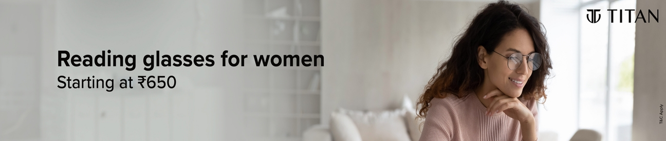 A Women wearing Titan reading glasses, starting at ₹650.