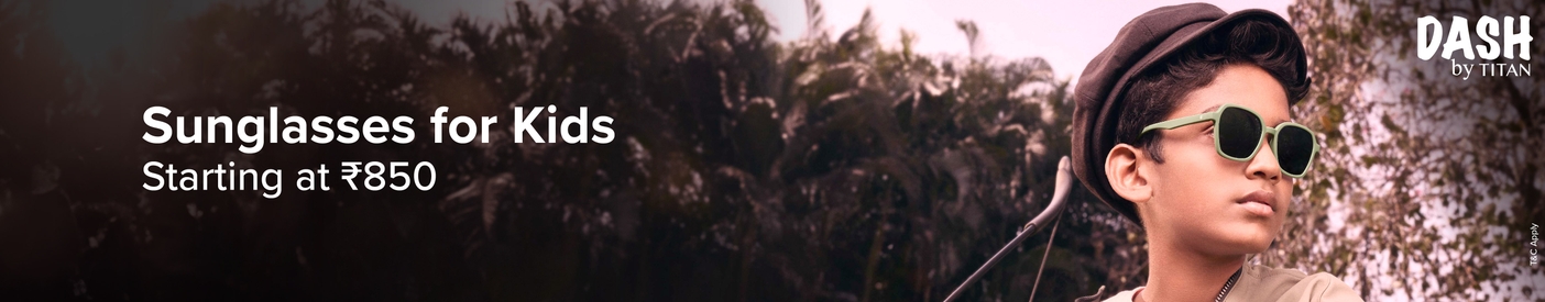 Kids wearing Dash by Titan sunglasses looking forward, text: "Frames for Kids Starting at ₹850"