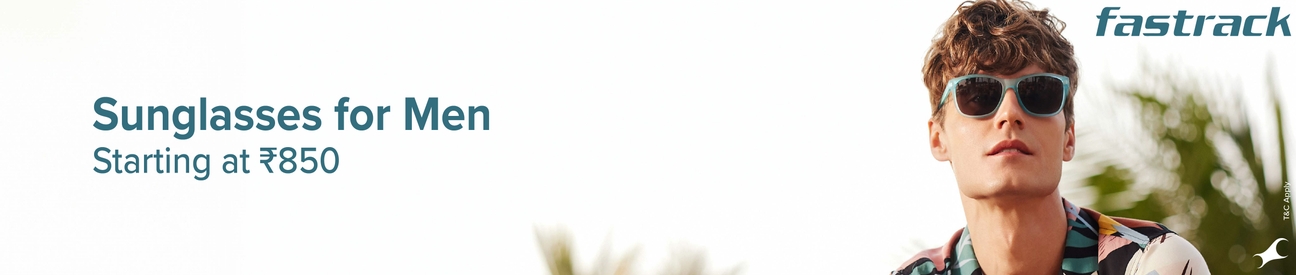 Men wearing Titan sunglasses looking forward, text: "Frames for Men Starting at ₹850"