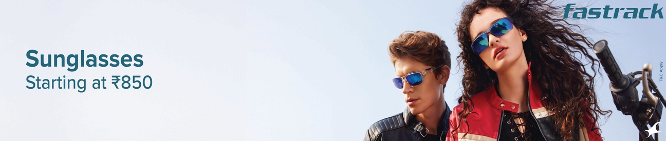 A man and a woman wearing Fastrack sunglasses, starting at ₹850.